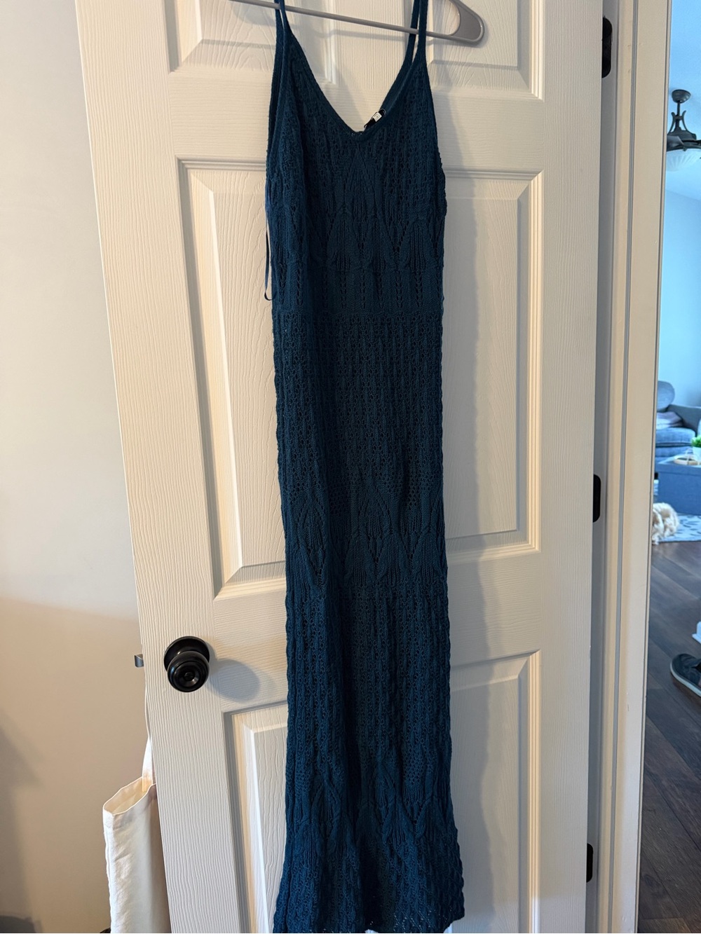 Freshman Navy Blue Crochet Maxi Dress with Spaghetti Straps